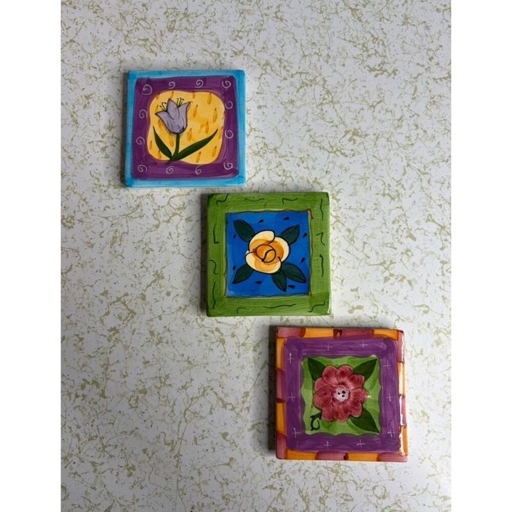 Vintage Milson & Louis Hand Painted Ceramic Floral Tile Coasters Set of 3 Folk A